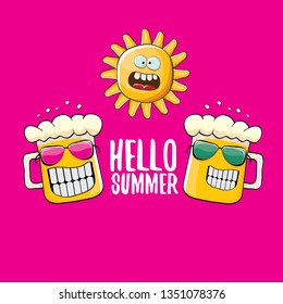 vector cartoon funky beer glass character and summer sun isolated on pink summer background. Hello summer text and funky beer concept illustration. Funny cartoon smiling friends