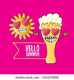 vector cartoon funky beer glass character and summer sun isolated on pink summer background. Hello summer text and funky beer concept illustration. Funny cartoon smiling friends