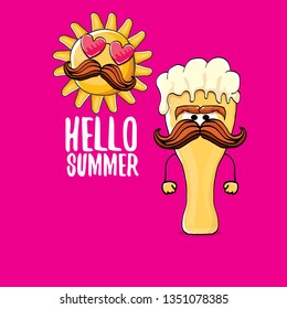 vector cartoon funky beer glass character and summer sun isolated on pink summer background. Hello summer text and funky beer concept illustration. Funny cartoon smiling friends