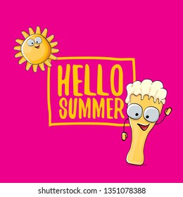 vector cartoon funky beer glass character and summer sun isolated on pink summer background. Hello summer text and funky beer concept illustration. Funny cartoon smiling friends