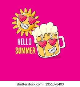 vector cartoon funky beer glass character and summer sun isolated on pink summer background. Hello summer text and funky beer concept illustration. Funny cartoon smiling friends