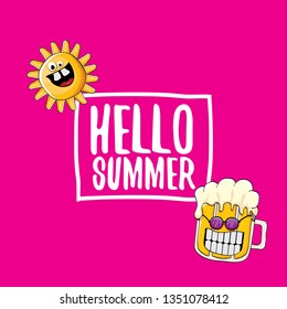 vector cartoon funky beer glass character and summer sun isolated on pink summer background. Hello summer text and funky beer concept illustration. Funny cartoon smiling friends