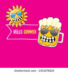 vector cartoon funky beer glass character and summer sun isolated on pink summer background. Hello summer text and funky beer concept illustration. Funny cartoon smiling friends