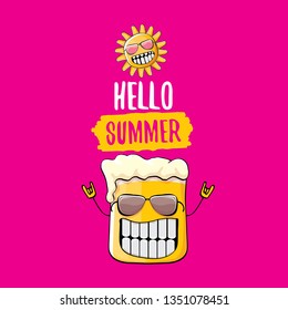 vector cartoon funky beer glass character and summer sun isolated on pink summer background. Hello summer text and funky beer concept illustration. Funny cartoon smiling friends