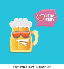vector cartoon funky beer glass character with sunglasses isolated on blue background. Vector funny beer label or poster design template. International beer day cartoon comic poster or greeting banner