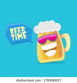 vector cartoon funky beer glass character with sunglasses isolated on blue background. Vector funny beer label or poster design template. International beer day cartoon comic poster or greeting banner