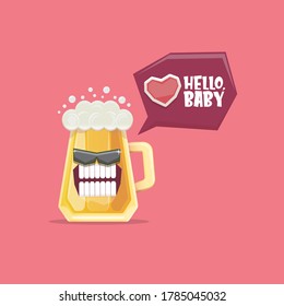 Vektorgrafik funky Biergläser mit Sonnenbrille einzeln auf rosafarbenem Hintergrund. Vektor lustige Bieretikett oder Plakatdesign Vorlage. Internationales Biertageskartoon-Comic-Poster oder Grußbanner