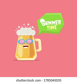 vector cartoon funky beer glass character with sunglasses isolated on pink background. Vector funny beer label or poster design template. International beer day cartoon comic poster or greeting banner