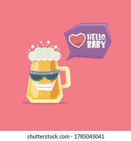 vector cartoon funky beer glass character with sunglasses isolated on pink background. Vector funny beer label or poster design template. International beer day cartoon comic poster or greeting banner