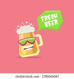 vector cartoon funky beer glass character with sunglasses isolated on pink background. Vector funny beer label or poster design template. International beer day cartoon comic poster or greeting banner