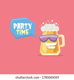 vector cartoon funky beer glass character with sunglasses isolated on pink background. Vector funny beer label or poster design template. International beer day cartoon comic poster or greeting banner