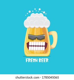 vector cartoon funky beer glass character with sunglasses isolated on blue background. Vector funny beer label or poster design template. International beer day cartoon comic poster or greeting banner