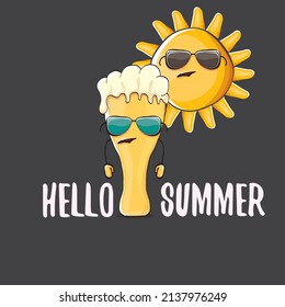 vector cartoon funky beer glass character and summer sun isolated on grey background. Comic Hello summer text and funky beer concept illustration. Funny cartoon smiling friends