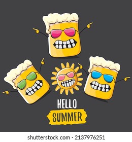 vector cartoon funky beer glass character and summer sun isolated on grey background. Comic Hello summer text and funky beer concept illustration. Funny cartoon smiling friends