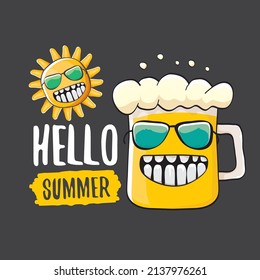 vector cartoon funky beer glass character and summer sun isolated on grey background. Comic Hello summer text and funky beer concept illustration. Funny cartoon smiling friends