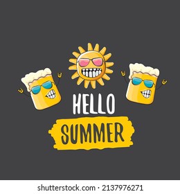 vector cartoon funky beer glass character and summer sun isolated on grey background. Comic Hello summer text and funky beer concept illustration. Funny cartoon smiling friends