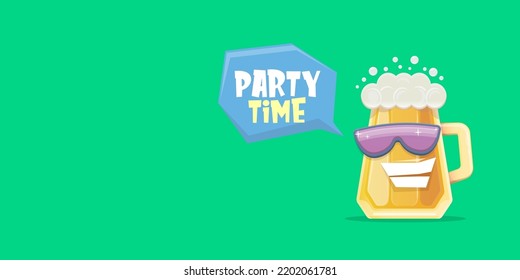 vector cartoon funky beer glass character with sunglasses isolated on green background. Vector funny beer label or poster design template. International beer day cartoon horizontal greeting banner