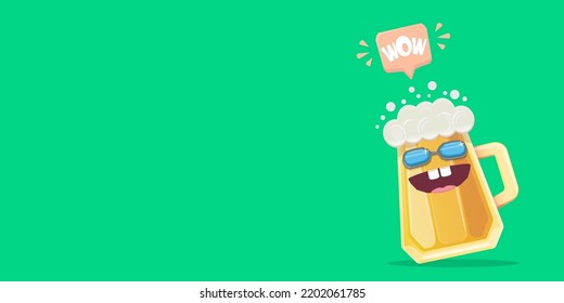vector cartoon funky beer glass character with sunglasses isolated on green background. Vector funny beer label or poster design template. International beer day cartoon horizontal greeting banner