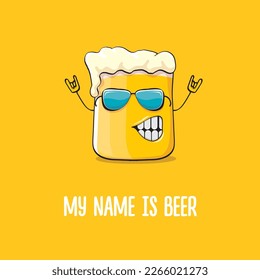 vector cartoon funky beer glass character with sunglasses isolated on orange background.vector beer comic label or poster design template. My name is beer or happy friday print illustration