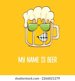 vector cartoon funky beer glass character with sunglasses isolated on orange background.vector beer comic label or poster design template. My name is beer or happy friday print illustration