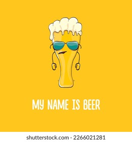 vector cartoon funky beer glass character with sunglasses isolated on orange background.vector beer comic label or poster design template. My name is beer or happy friday print illustration