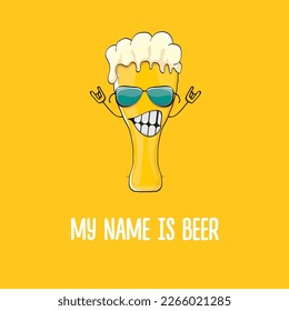 vector cartoon funky beer glass character with sunglasses isolated on orange background.vector beer comic label or poster design template. My name is beer or happy friday print illustration