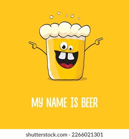 vector cartoon funky beer glass character with sunglasses isolated on orange background.vector beer comic label or poster design template. My name is beer or happy friday print illustration