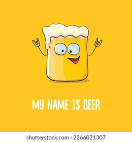vector cartoon funky beer glass character with sunglasses isolated on orange background.vector beer comic label or poster design template. My name is beer or happy friday print illustration