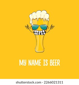 vector cartoon funky beer glass character with sunglasses isolated on orange background.vector beer comic label or poster design template. My name is beer or happy friday print illustration