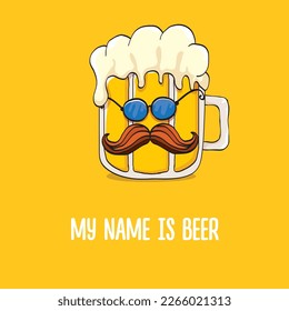 vector cartoon funky beer glass character with sunglasses isolated on orange background.vector beer comic label or poster design template. My name is beer or happy friday print illustration