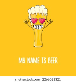 vector cartoon funky beer glass character with sunglasses isolated on orange background.vector beer comic label or poster design template. My name is beer or happy friday print illustration