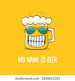 vector cartoon funky beer glass character with sunglasses isolated on orange background.vector beer comic label or poster design template. My name is beer or happy friday print illustration