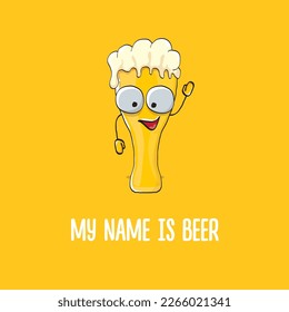 vector cartoon funky beer glass character with sunglasses isolated on orange background.vector beer comic label or poster design template. My name is beer or happy friday print illustration