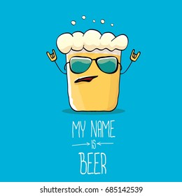 vector cartoon funky beer glass character on blue background.vector beer label or poster design template. my name is beer concept illustration
