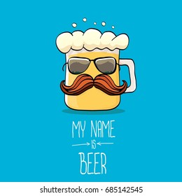 vector cartoon funky beer glass character on blue background.vector beer label or poster design template. my name is beer concept illustration