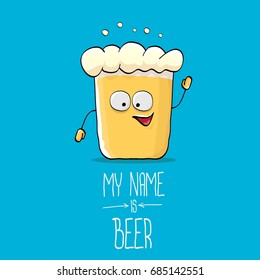 vector cartoon funky beer glass character on blue background.vector beer label or poster design template. my name is beer concept illustration