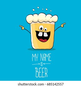 vector cartoon funky beer glass character on blue background.vector beer label or poster design template. my name is beer concept illustration