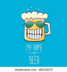 vector cartoon funky beer glass character on blue background.vector beer label or poster design template. my name is beer concept illustration