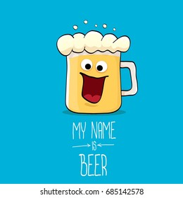 vector cartoon funky beer glass character on blue background.vector beer label or poster design template. my name is beer concept illustration