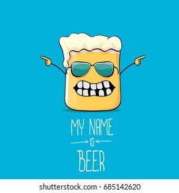 vector cartoon funky beer glass character on blue background.vector beer label or poster design template. my name is beer concept illustration