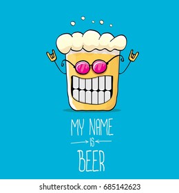 vector cartoon funky beer glass character on blue background.vector beer label or poster design template. my name is beer concept illustration