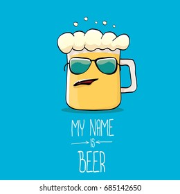 vector cartoon funky beer glass character on blue background.vector beer label or poster design template. my name is beer concept illustration