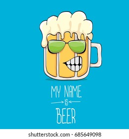 vector cartoon funky beer glass character on blue background.vector beer label or poster design template. my name is beer concept illustration