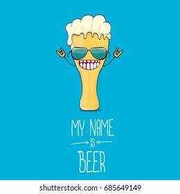 vector cartoon funky beer glass character on blue background.vector beer label or poster design template. my name is beer concept illustration