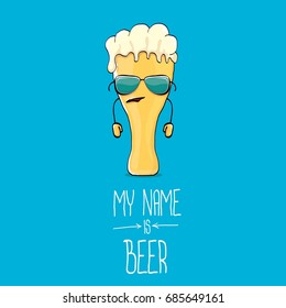 vector cartoon funky beer glass character on blue background.vector beer label or poster design template. my name is beer concept illustration