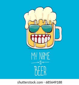 vector cartoon funky beer glass character on blue background.vector beer label or poster design template. my name is beer concept illustration