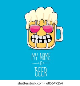 vector cartoon funky beer glass character on blue background.vector beer label or poster design template. my name is beer concept illustration