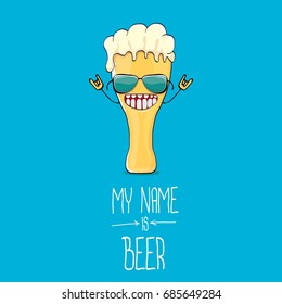vector cartoon funky beer glass character on blue background.vector beer label or poster design template. my name is beer concept illustration