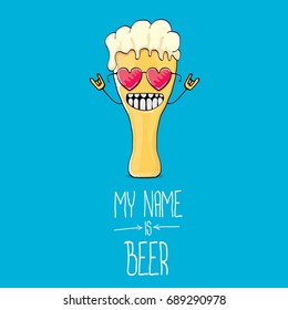 vector cartoon funky beer glass character on blue background.vector beer label or poster design template. my name is beer or happy friday concept illustration