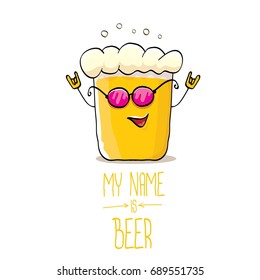 vector cartoon funky beer glass character with sunglasses isolated on white background.vector beer comic label or poster design template. my name is beer or happy friday concept illustration